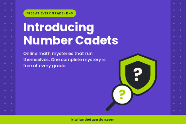 Introducing Number Cadets — Kiwiland Education blog graphic with a detective shield and magnifying glass, for free online math mysteries in grades K to 5.