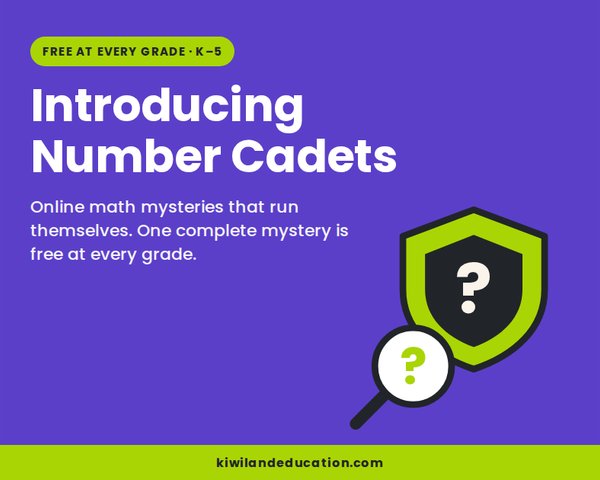 Introducing Number Cadets — Kiwiland Education blog graphic with a detective shield and magnifying glass, for free online math mysteries in grades K to 5.