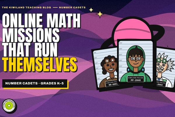 Free online math mysteries for K–5 from Number Cadets: Kiwiland Teaching Blog cover with suspect mugshots and a pink planet