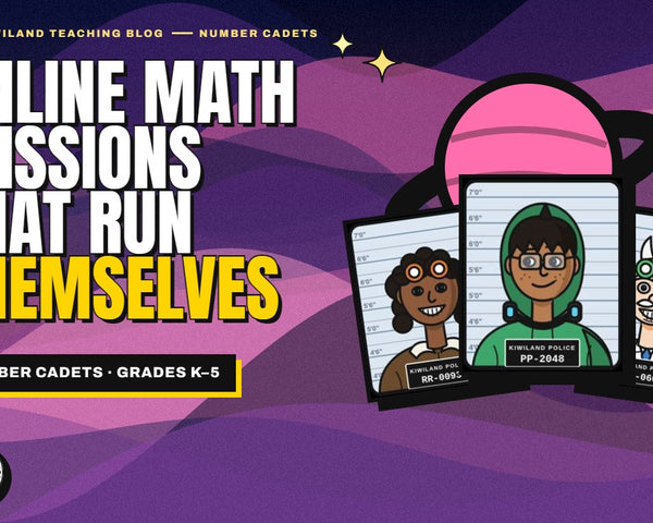 Free online math mysteries for K–5 from Number Cadets: Kiwiland Teaching Blog cover with suspect mugshots and a pink planet