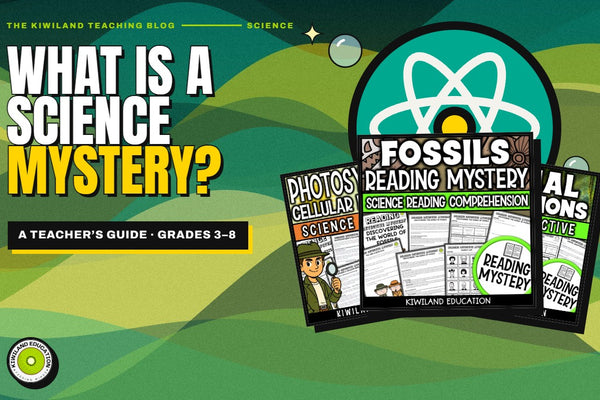 Science mystery reading comprehension for grades 3–8: Kiwiland Teaching Blog cover with fossils and photosynthesis worksheets beside an atom