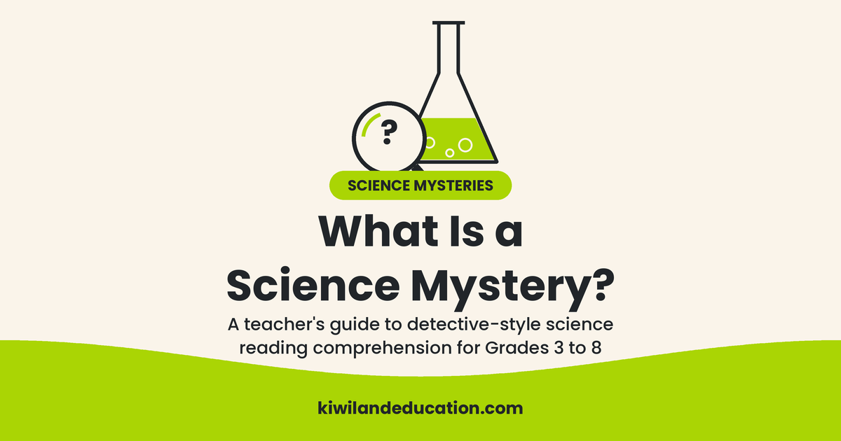 What Is a Science Mystery — Kiwiland Education blog graphic with a science flask and magnifying glass, for detective-style science reading comprehension in Grades 3 to 8.