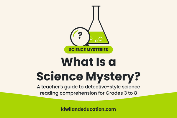 What Is a Science Mystery — Kiwiland Education blog graphic with a science flask and magnifying glass, for detective-style science reading comprehension in Grades 3 to 8.