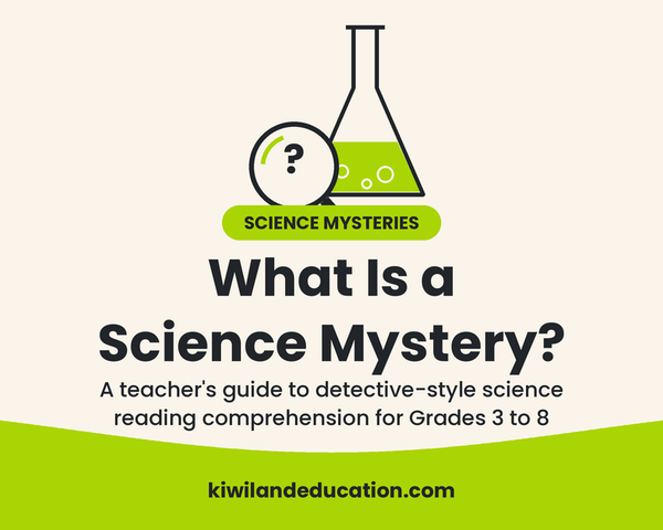 What Is a Science Mystery — Kiwiland Education blog graphic with a science flask and magnifying glass, for detective-style science reading comprehension in Grades 3 to 8.