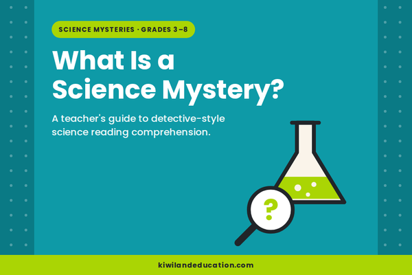 What Is a Science Mystery — Kiwiland Education blog graphic with a science flask and magnifying glass, for detective-style science reading comprehension in Grades 3 to 8.