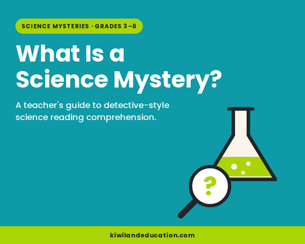 What Is a Science Mystery — Kiwiland Education blog graphic with a science flask and magnifying glass, for detective-style science reading comprehension in Grades 3 to 8.