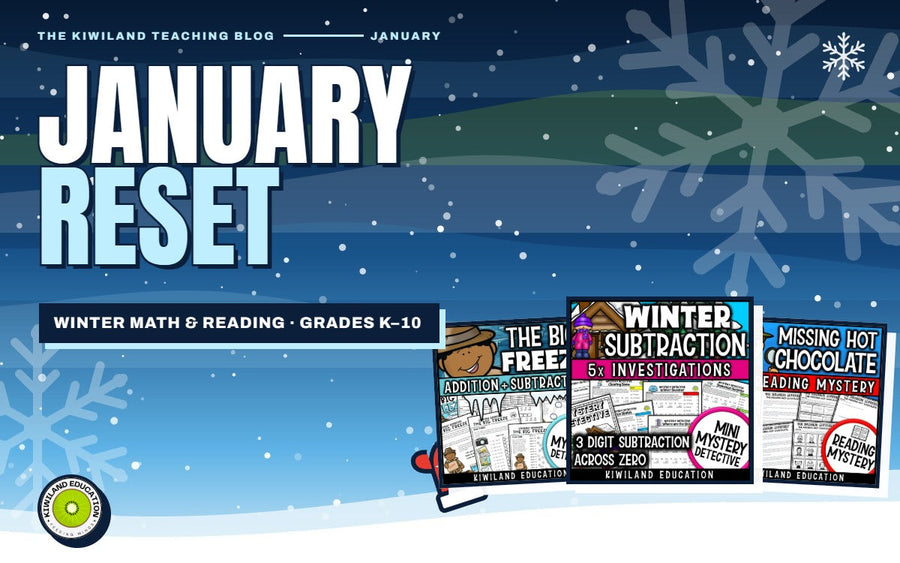 Winter math and reading activities for January: Kiwiland Teaching Blog cover with The Big Freeze, 3-digit subtraction across zeros and The Hot Chocolate Case covers in the snow