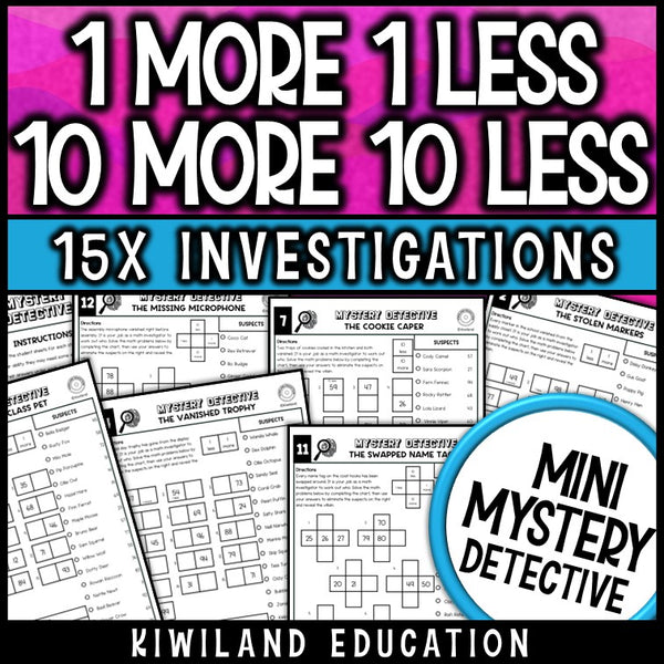 1 more 1 less 10 more 10 less mystery detective worksheets grades 1-2