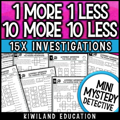 1 more 1 less 10 more 10 less mystery detective worksheets grades 1-2