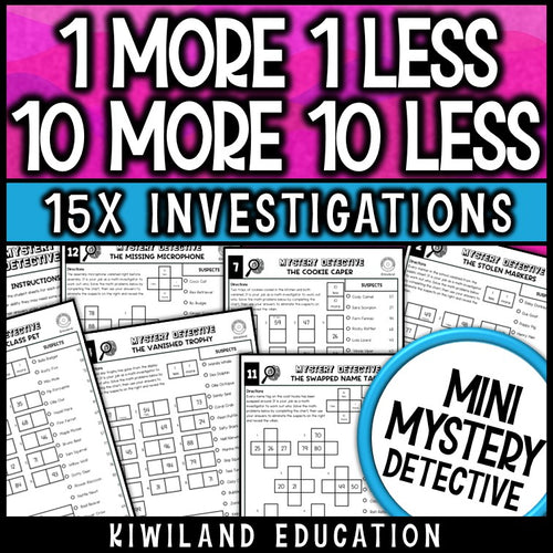 1 more 1 less 10 more 10 less mystery detective worksheets grades 1-2