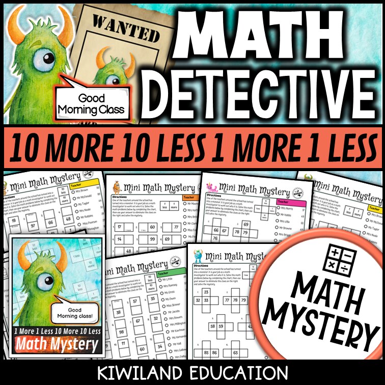 10 more 10 less 1 more 1 less math mystery worksheets cover