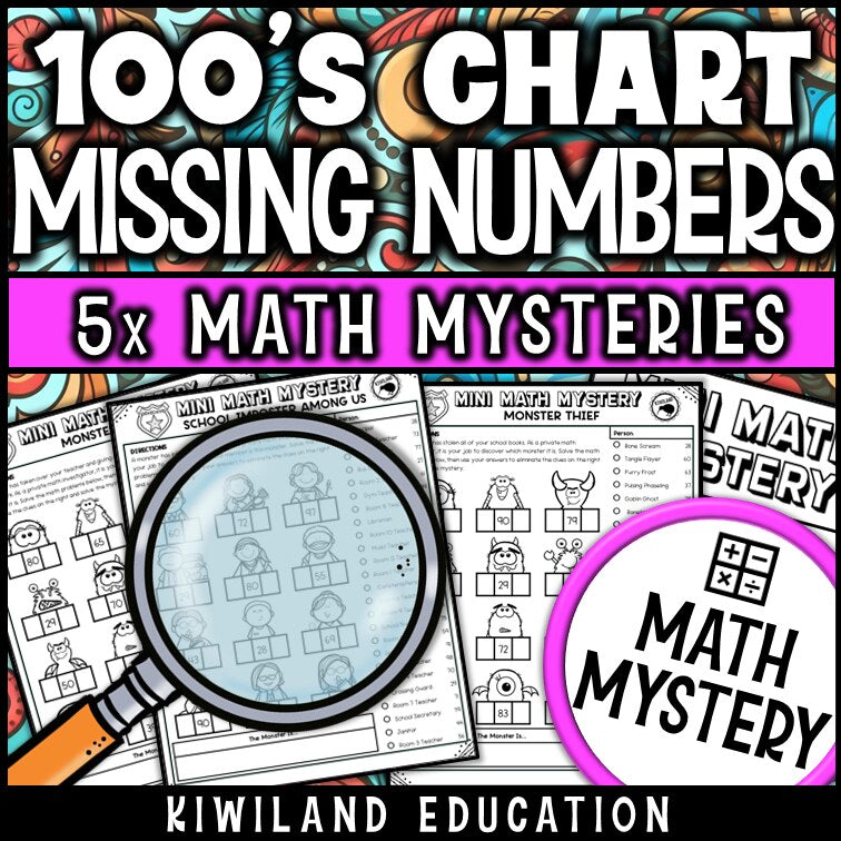 100s chart missing numbers within 100 Math Mystery clue elimination monster mysteries - printable morning work grades K-2