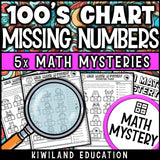 100s chart missing numbers within 100 Math Mystery clue elimination monster mysteries - printable morning work grades K-2