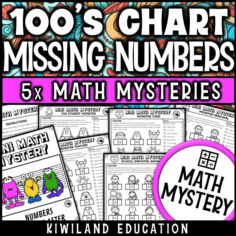 100s chart missing numbers within 100 Monster Math Mystery for Kindergarten, 1st and 2nd grade - no-prep printable