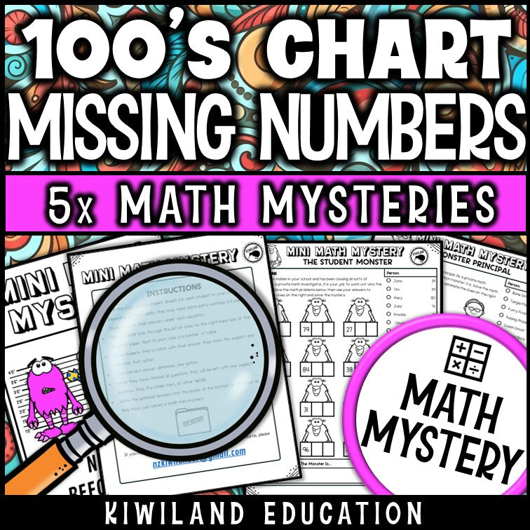 Missing numbers within 100 hundreds chart Math Mystery sample worksheet grades K-2 - self-checking monster math centers activity