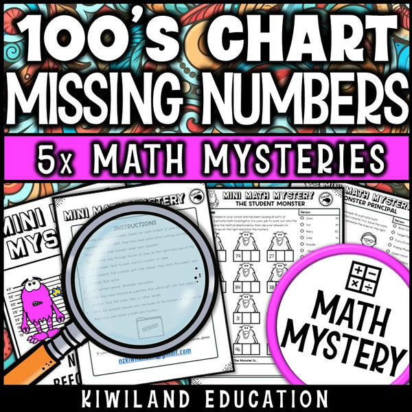 Missing numbers within 100 hundreds chart Math Mystery sample worksheet grades K-2 - self-checking monster math centers activity