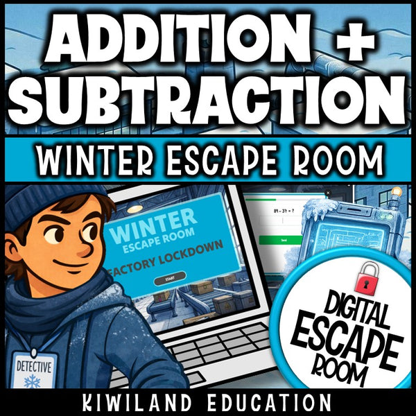 2-digit addition and subtraction winter digital escape room cover, grades 2–4 math