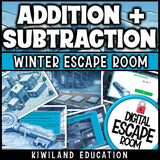 Winter-themed 2-digit addition and subtraction escape room puzzle screen