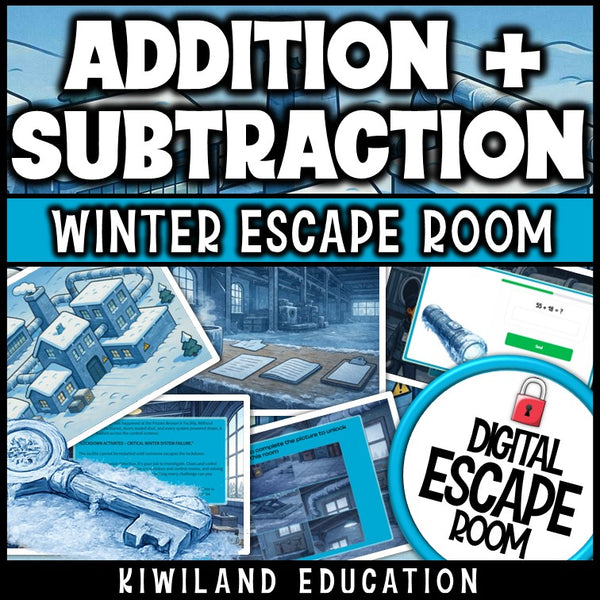 Winter-themed 2-digit addition and subtraction escape room puzzle screen