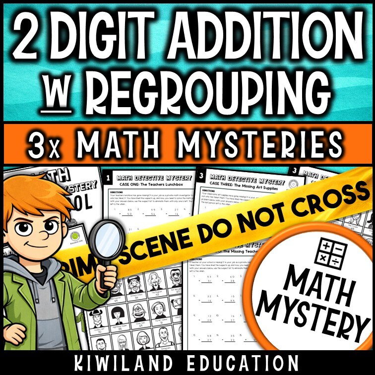Back-to-school 2-digit addition with regrouping Math Mystery worksheets, detective cover grades 1-3