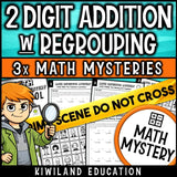 Back-to-school 2-digit addition with regrouping Math Mystery worksheets, detective cover grades 1-3