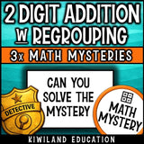 Math detective suspect line-up page for 2-digit addition with regrouping