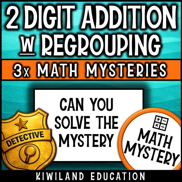 Math detective suspect line-up page for 2-digit addition with regrouping