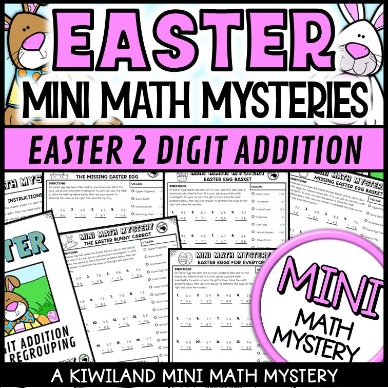 Easter 2-digit addition with regrouping Math Mystery, no-prep printable worksheets for grades 1-3