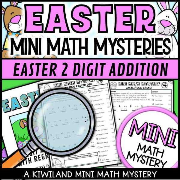 Printable self-checking Easter addition with regrouping Math Mystery worksheets for 1st-3rd grade math centers