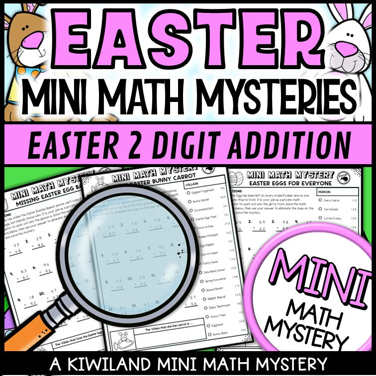 Easter themed 2-digit addition practice worksheet, no-prep Math Mystery morning work for grades 1-3