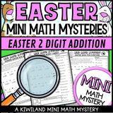 Easter themed 2-digit addition practice worksheet, no-prep Math Mystery morning work for grades 1-3