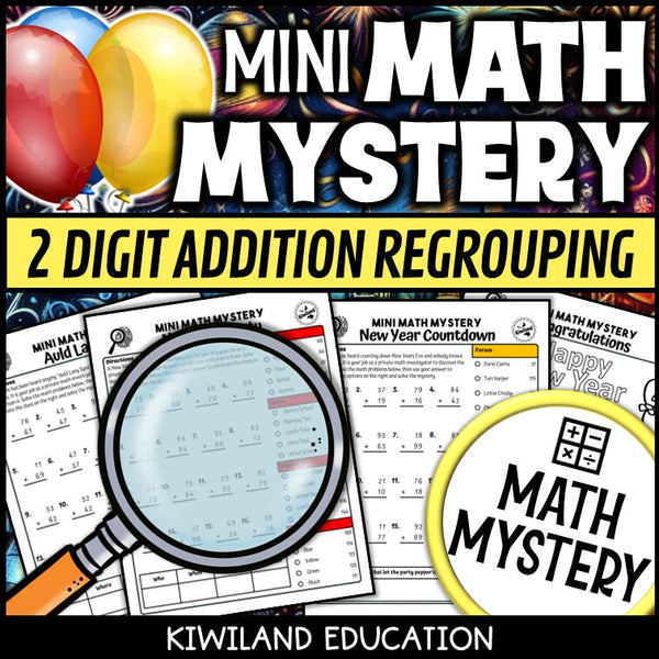 New Year themed 2-digit addition practice worksheet, no-prep Math Mystery morning work for grades 1-3