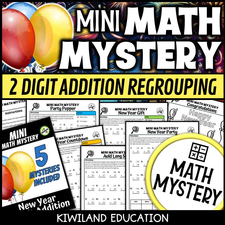 New Year 2-digit addition with regrouping Math Mystery, no-prep printable worksheets for grades 1-3