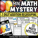 New Year 2-digit addition with regrouping Math Mystery, no-prep printable worksheets for grades 1-3