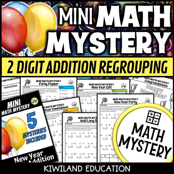 New Year 2-digit addition with regrouping Math Mystery, no-prep printable worksheets for grades 1-3