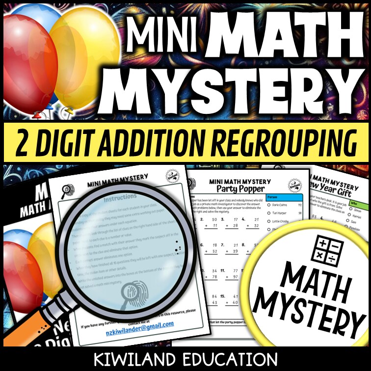 Printable self-checking New Year addition with regrouping Math Mystery worksheets for 1st-3rd grade math centers