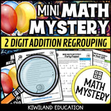 Printable self-checking New Year addition with regrouping Math Mystery worksheets for 1st-3rd grade math centers