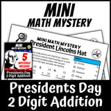 Sample 2-digit addition with regrouping mystery worksheet, grades 1-3 Presidents Day
