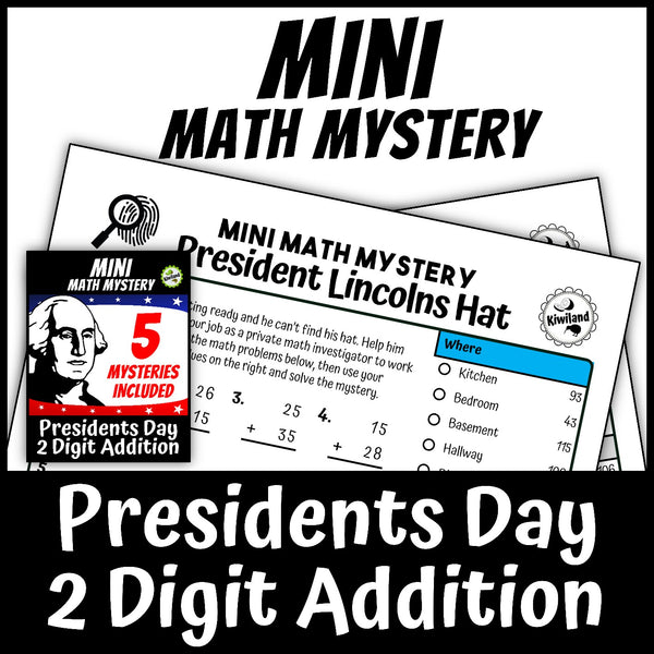Sample 2-digit addition with regrouping mystery worksheet, grades 1-3 Presidents Day
