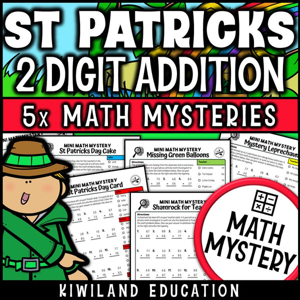 St Patrick's Day 2-digit addition with regrouping Math Mystery, no-prep printable worksheets for grades 1-3