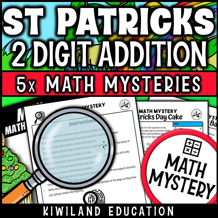 Printable self-checking St Patrick's Day addition with regrouping Math Mystery worksheets for 1st-3rd grade math centers