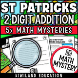 Printable self-checking St Patrick's Day addition with regrouping Math Mystery worksheets for 1st-3rd grade math centers