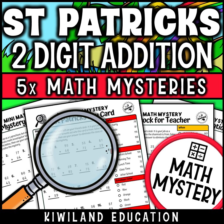 St Patrick's Day themed 2-digit addition practice worksheet, no-prep Math Mystery morning work for grades 1-3