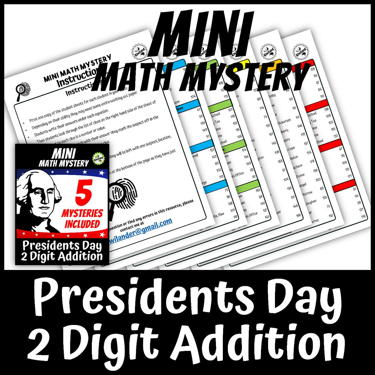Presidents Day math mystery suspect elimination clue pages