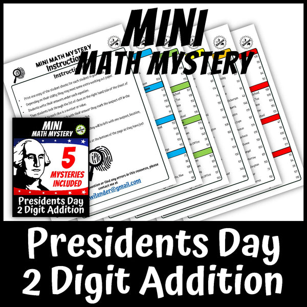 Presidents Day math mystery suspect elimination clue pages
