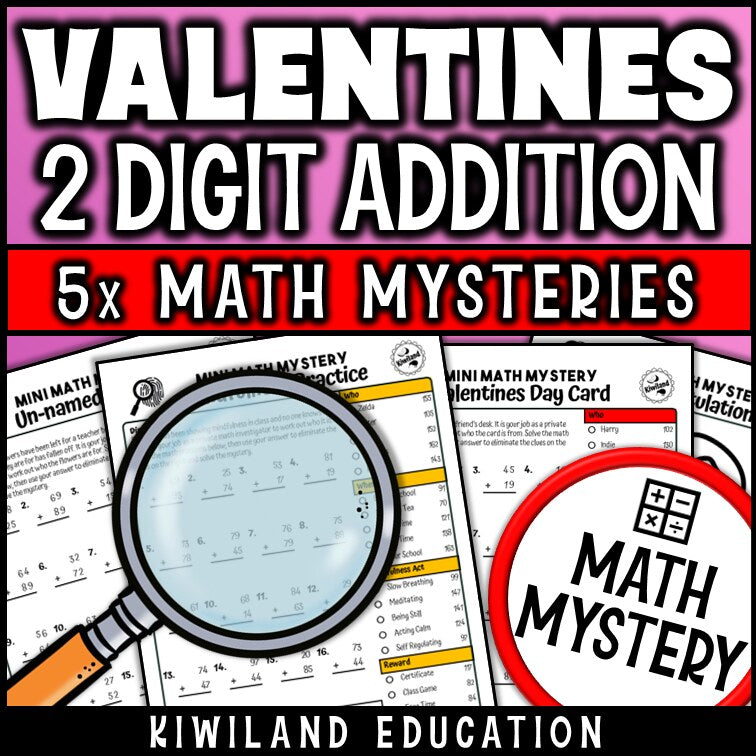 Valentine's Day themed 2-digit addition practice worksheet, no-prep Math Mystery morning work for grades 1-3