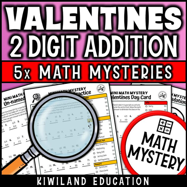 Valentine's Day themed 2-digit addition practice worksheet, no-prep Math Mystery morning work for grades 1-3