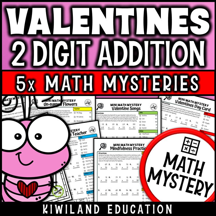 Valentine's Day 2-digit addition with regrouping Math Mystery, no-prep printable worksheets for grades 1-3