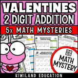 Valentine's Day 2-digit addition with regrouping Math Mystery, no-prep printable worksheets for grades 1-3
