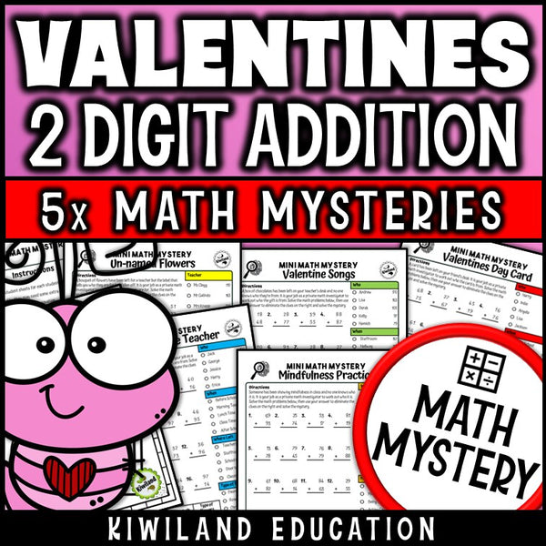 Valentine's Day 2-digit addition with regrouping Math Mystery, no-prep printable worksheets for grades 1-3